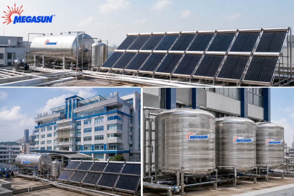 Giải pháp bồn bảo ôn Megasun cho bệnh viện có thể kết hợp Heat Pump và năng lượng mặt trời, phù hợp với nhu cầu nước nóng quy mô lớn.