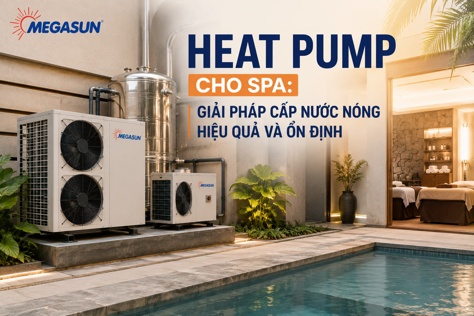 Heat Pump cho spa là giải pháp cấp nước nóng trung tâm ổn định, đáp ứng nhu cầu sử dụng thường xuyên và hỗ trợ tối ưu chi phí năng lượng.