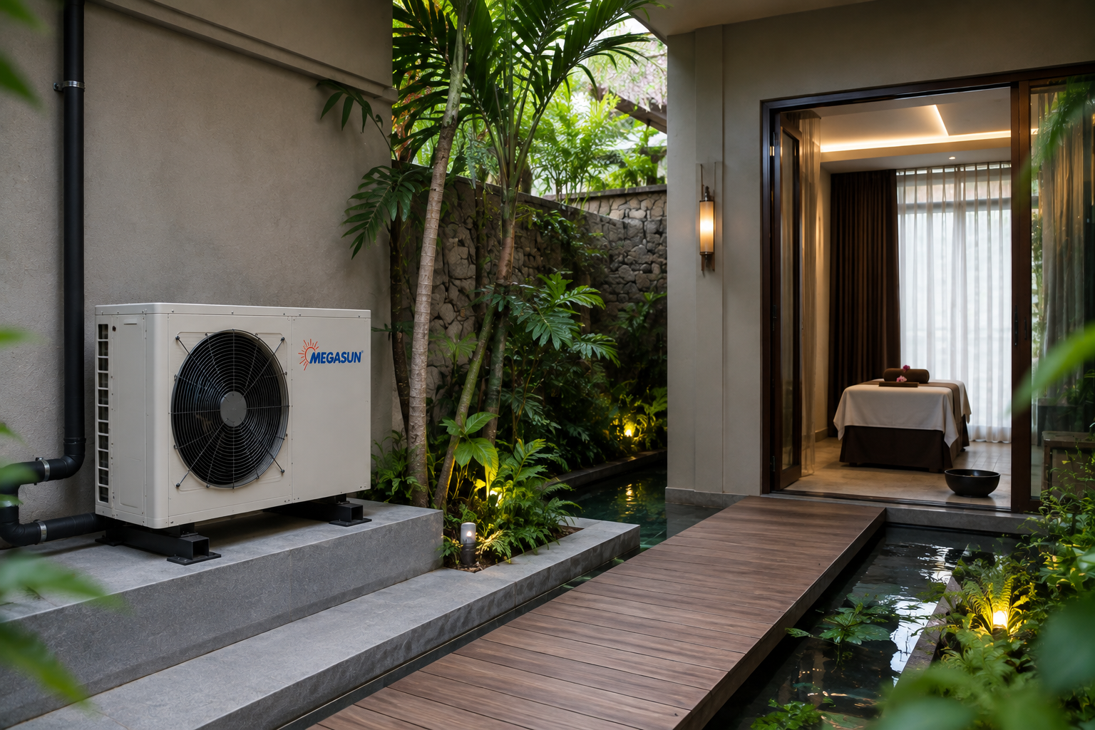 Hệ thống Heat Pump cho spa quy mô lớn có thể kết hợp nhiều máy và bồn bảo ôn, phù hợp với spa trong khách sạn và khu nghỉ dưỡng.