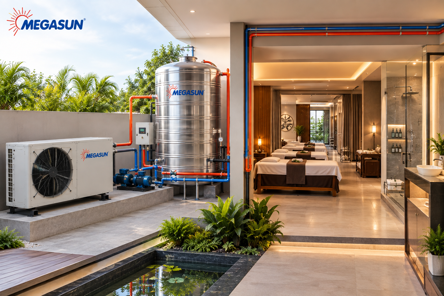 Heat Pump kết hợp bồn bảo ôn giúp spa dự trữ nước nóng, duy trì nhiệt độ ổn định và đáp ứng tốt nhu cầu sử dụng trong giờ cao điểm.