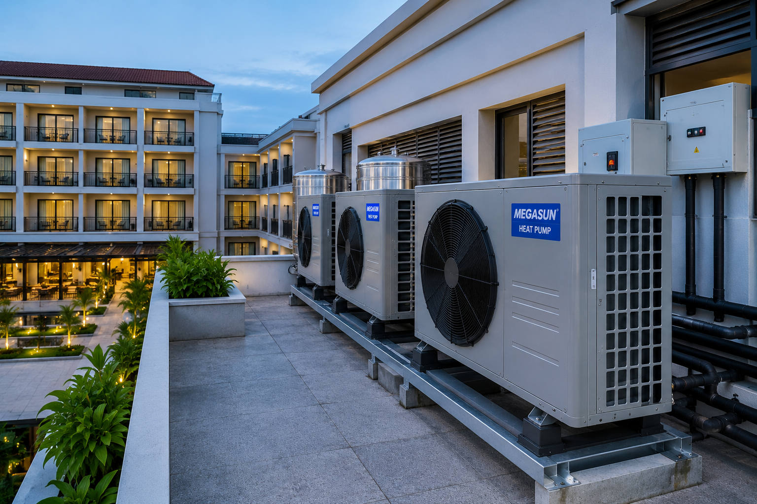 Lắp đặt chân đế giảm chấn, cố định đường ống và bố trí máy bơm nhiệt tại khu vực thông thoáng giúp hạn chế rung và tiếng ồn.