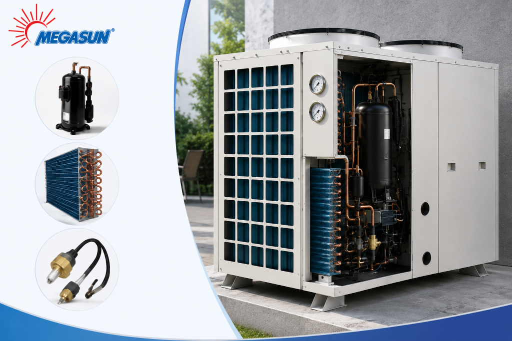 Máy nén, dàn trao đổi nhiệt, cảm biến và vật liệu chống ăn mòn là những bộ phận ảnh hưởng trực tiếp đến độ bền của máy bơm nhiệt.